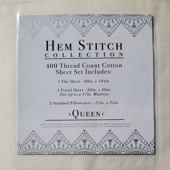 New $78 HEM STITCH COLLECTION 100% COTTON SHEET SET 400TC IVORY QUEEN - Picture 4 of 5